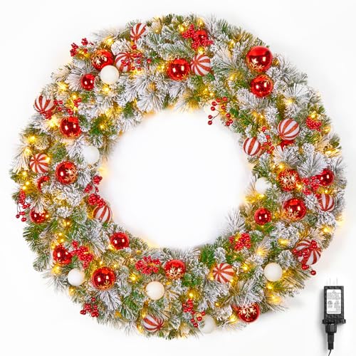 Image of Minetom 48-inch Large Christmas Wreath with Timer and Memory Function, Featuring 200 Warm White LED Lights, Christmas Balls, Pine Needles, for Doors, Walls and Mantels, Plug-in, Red&White