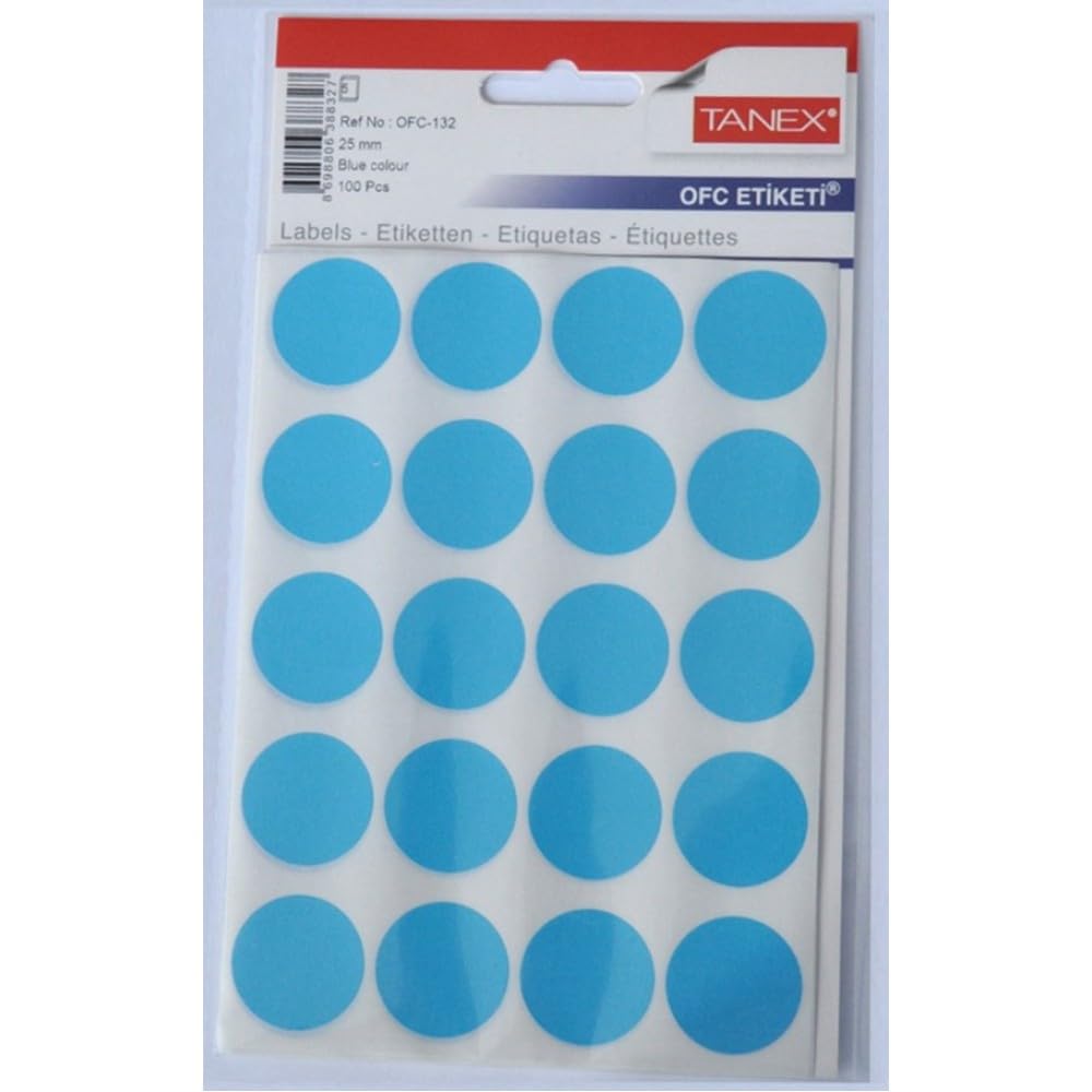 Tanex Round Self-Adhesive 20 Labels x 5 Sheets, 25 mm x 25 mm Diameter, Blue