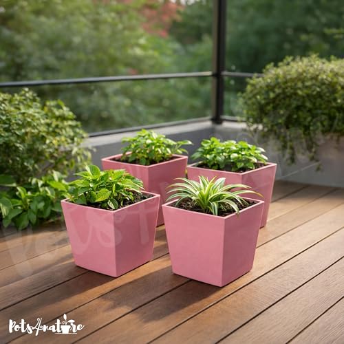 Image of POTS4NATURE Square Pots for Plants | Lightweight Plastic Flower Pot for Indoor & Outdoor Home /Office /Table /Garden /Balcony Decoration | Terracotta Color | 6 Inches (Pack of 4)