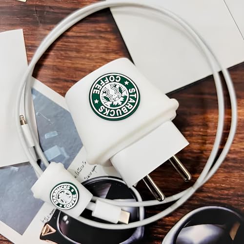 Image of Cable Protector with 3D Cute Pattern for iPhone Charger only18W & 20W | Data Line Wire Saver Charger Protective Cable Full Protection Set of-1 (White Star-Bucks)