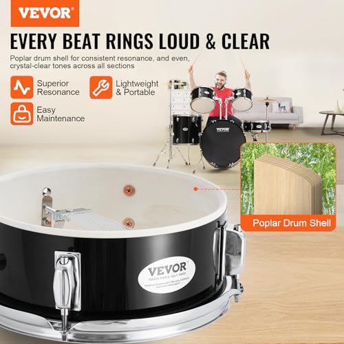 VEVOR Adult 5-Piece Drum Set, 22 Inches Complete Full Size Kit with Bass, Toms, Snare, Floor, Adjustable Throne, Stands, Cymbal, Hi-Hat Pedal and Drumsticks, Black - Image 3