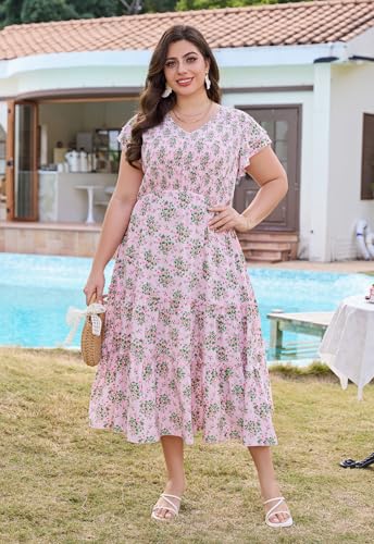 Image of Keluummi Plus Size Wedding Guest Midi Dress for Curvy Women, Summer Casual Boho Floral Empire Waist Party Dress with Pockets