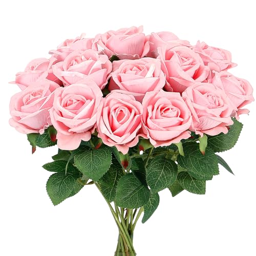 Auihiay 14PCS Pink Fake Roses Artificial Roses Flowers