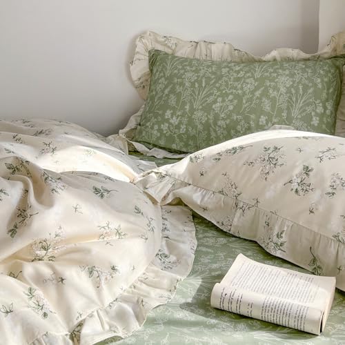 Image of MKXI King Duvet Cover Set Beige Floral Ruffled Bedding Cottagecore Floral Comforter Cover Green Reversible Aesthetic Bed Set Cotton Elegant Style with Pillow Shams