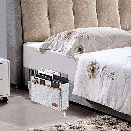Bedside Caddy, Felt Bed Storage Organizer Hanging Bag Holder With 5 Pockets, Magazine Book Phone Tablet Ipad Cables Remote And Water Bottle Holder For Home Dorm Bed Sofa, Light Gray #TOP2