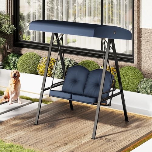 Image of HAPPYGRILL 2-Person Porch Swing, Outdoor Loveseat Swing with Adjustable Canopy & Heavy-Duty Metal Frame, Cushioned Swing with Stand for Porch, Backyard, Garden (Navy)