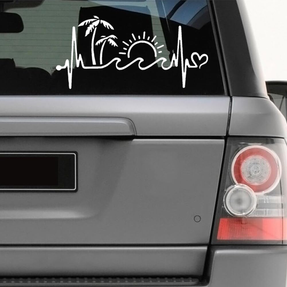 Photo 1 of Beach Heartbeat Vinyl Sticker - Coastal Design with Palm Trees & Sun - Waterproof Decal for Laptop, Water Bottle, Car - Surf & Ocean Lover Gift (3.1''x6.3'', 2pcs)