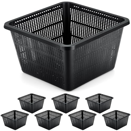 RimCereal 8 Pcs Aquatic Plant Baskets for Hydroponics Water Garden Plant Pots Black Plastic Mesh Basket 9 x 9 x 5.2 Inch Square Pond Containers for Island Live Aquarium Botany Flowers