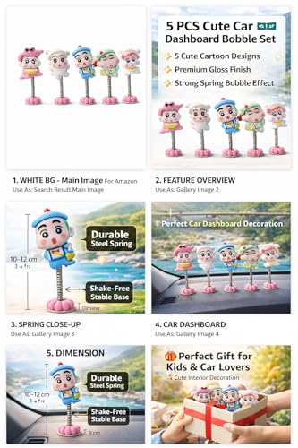 Image of Car Dashboard Bobblehead Toy Set of 6 Mini Cartoon Spring Dolls for Vehicle Interior Decoration (Cartoon Character Toy)