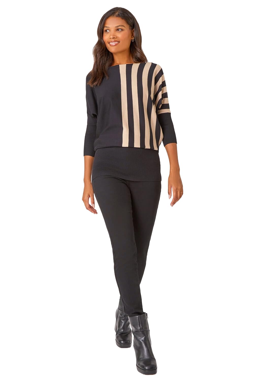 Roman Women's Black Contrast Stripe Print Knit Jumper In | : Size 16
