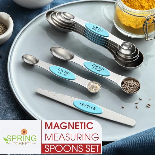 Image of Spring Chef Stainless Steel 8 Magnetic Measuring Spoons, 2 Pack, Aqua Sky