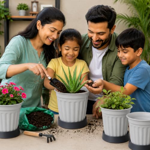 Image of TechHark Gray Plastic Plant Pots with Saucer, Ribbed Style, for Indoor and Outdoor Use, Set of 5