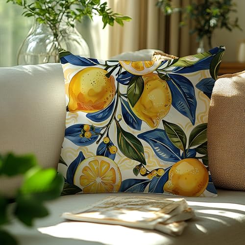 Image of Boho Summer Lemon Pillow Cover 18x18 Double-Sided,Italian Lemon Home Decor,Cottagecore Blue and Yellow Fruit Botanical Decorative Lumber Throw Pillow Cover for Home Bedroom Living Room