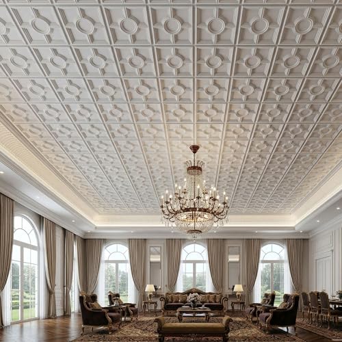Image of Kayra Decor PVC Ceiling Panel 60x60 cm|Regal Medallion Design|White|25 Tiles Cover 100 Sq Ft| Modern False Ceiling|Royal & Elegant Finish