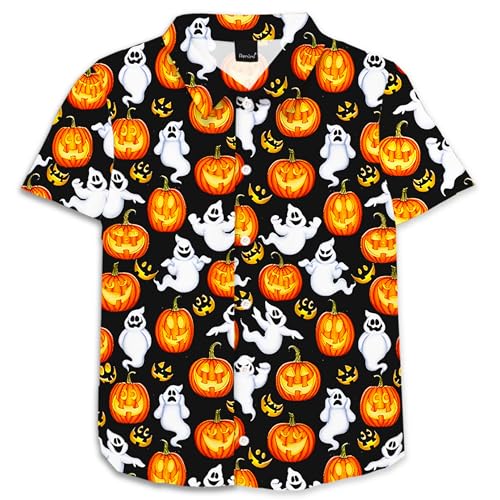 Image of Remimi Unisex Kids Halloween Shirt Boys Pumpkin Ghost Shirts Hawaii Button Up Tops 5-14 Years