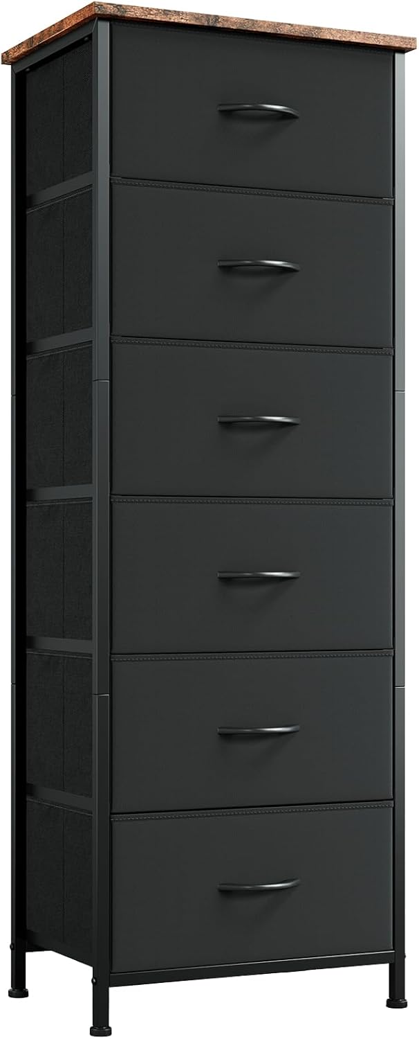 Somdot Dresser for Bedroom with 6 Drawers and Side Pockets,Storage Organizer Chest of Drawers with Fabric Bins for Closet Bedside Nursery Living Room Entryway Hallway, Black Rustic Brown Black Rustic Brown 11.8"D x 16.5"W x 45.3"H (6 Drawers)
