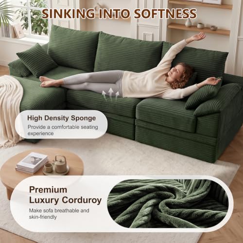 107" Modular Sectional Sofa Boneless Couch with Storage,L-Shape 3 Seat Comfy Modern Cloud Couch Sofa with Ottoman, 27" Deep Seat Corduroy Sofa for Living Room, Tool-Free Assembly - Green - image 5