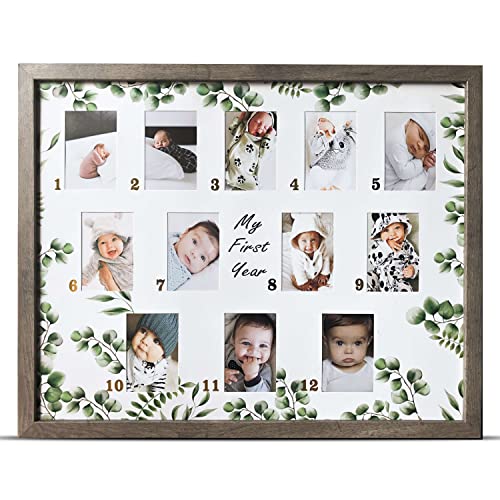 Image of Baby Monthly Milestone Photo Frame | 12 Month Milestone Baby Frame | Monthly Baby Picture Frame | Eucalyptus Leaf Baby Frame | My First Year Frame | Baby Shower Gifts (20.5" x 16.5")