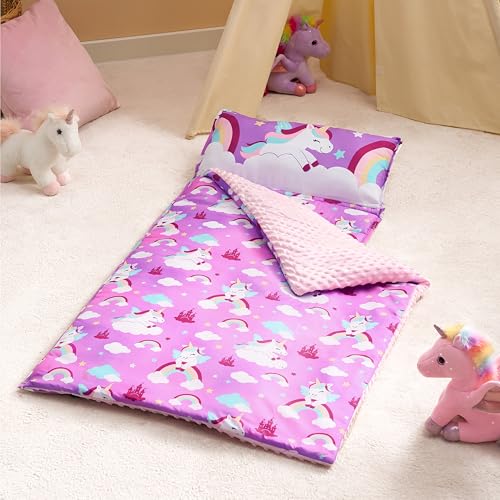 Image of JOIEDOMI Toddler Sleeping Bag for Kids 55''x30'' Nap Mat with Removable Pillow and Minky Blanket for Toddler Ages 3-7 Roll Up Soft Kids Sleeping Bag for Boys Girls Kindergarten Daycare Sleepover