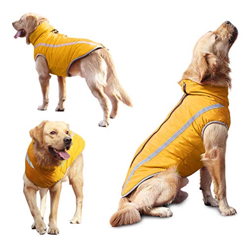 Idepet Wasserdichter Hundemantel Winter Warme Jacke, Winddichte Haustierkleidung Hundejacke Outfit für kleine mittelgroße Hunde mit Geschirrloch XL-6XL Gelb