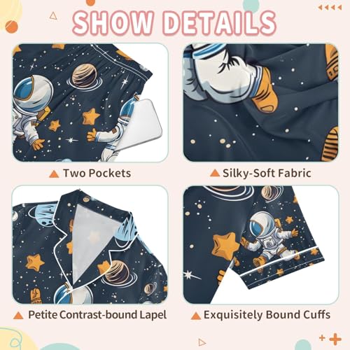 senya Cartoon Astronauts A Satin Summer Pajama Sets Silk Short Sleeve Button Down Sleepwear3
