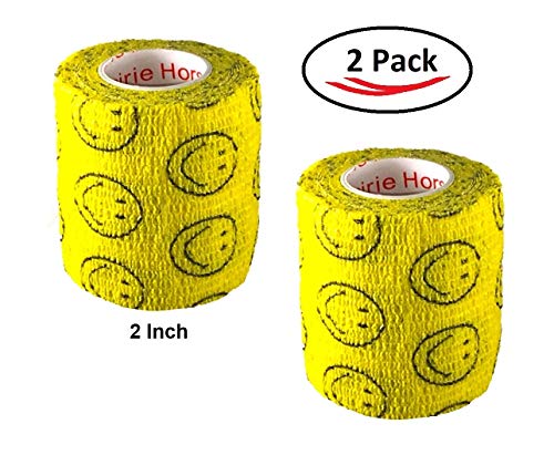 Image of Vet Wrap Wrap Tape (Yellow with Smiles) (2 Pack) (4 Inch x 15 feet) Self Adhesive Adherent Adhering Cohesive Flex Self Stick Bandage Grip Roll Dog Cat Pet Horse