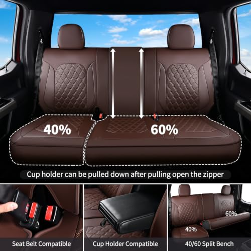Image of Huidasource F150 Coffee Rear Seat Covers, Leather Rear Bench Car Seat Cushion Cover Fit for 2015-2026 Ford F150 SuperCrew & 2017-2026 F250 F350 F450 Super Duty Crew Cab Pickup Truck