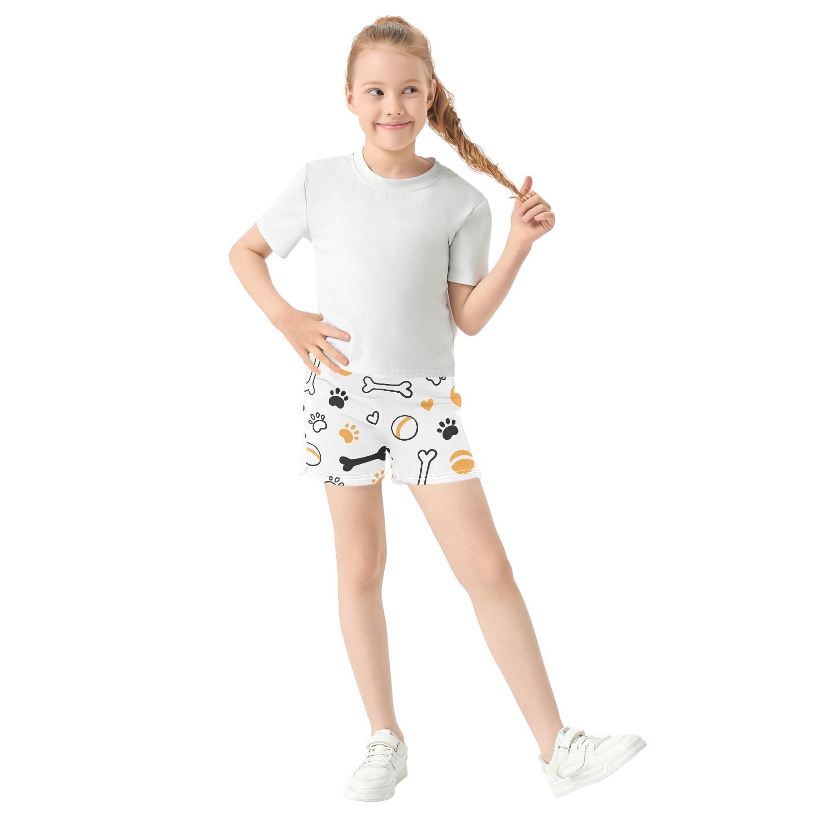 pnyoin Girl's Shorts Balls Dog Paw Prints Athletic Running Shorts with Pockets Size 12-13t Multi