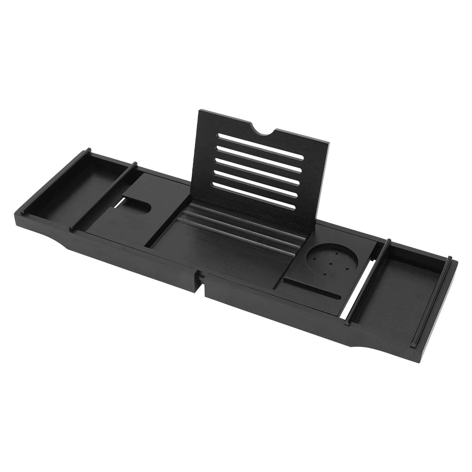 Bandeja de baño de bambú expandible con ranuras de almacenamiento ajustable de 79 a 111 cm, accesorios de baño elegantes, se adapta a la mayoría de las bañeras, color negro, perfecto para una