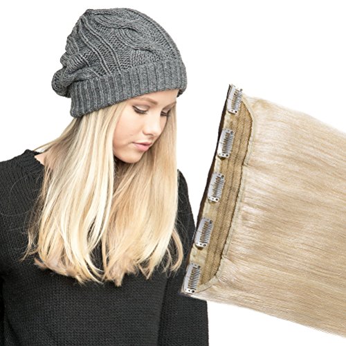 Clip in Human Hair Extension One piece Platinum Blonde #60 5 Clips 3/4 Full Head Natural Long Straight Soft Real Remy Hair Easy to wear (16inch 45g)