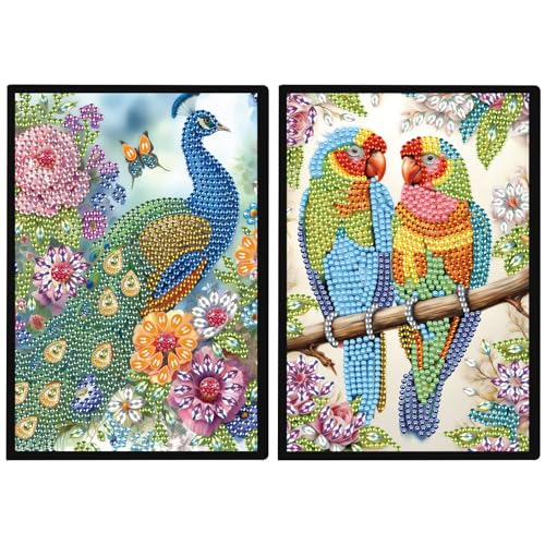 DCIDBEI 2 Pack Notizbuch Diamond Painting Notizbücher Papagei Pfau A5 Blanko Diamant Malerei Notebook Diamond Painting Notizheft Skizzenbuch Diamond Painting Tagebuch Studenten Geschenke 50 Blätter