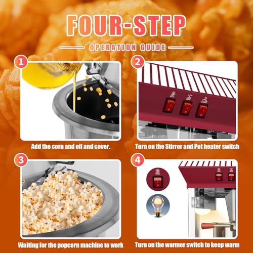 Image of Commercial Popcorn Maker Machine,12 Ounce Kettle Stainless Steel Commercial Popcorn Machine with Tempered Glass,Warming Deck, 800W Countertop Popcorn Popper for Parties LT Red