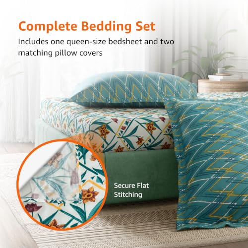 Image of Amazon Basics - 100% Cotton Flat Bedsheet | 144TC |Queen Bed Sheet with 2 Pillow Cover|Soft Cotton | Floral Print | 90 Inch x 100 Inch, Green