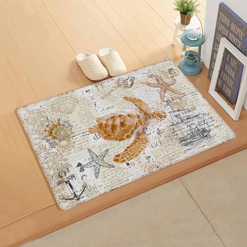 Orange Turtle Antifatigue Kitchen Bath Door Mat Cushioned Runner Rug,Washable Welcome Floor Sink Mat,Waterproof & Non-Slip Standing Doormat for Kitchen,Coastal Starfish Conch Nautical Sailboat 18