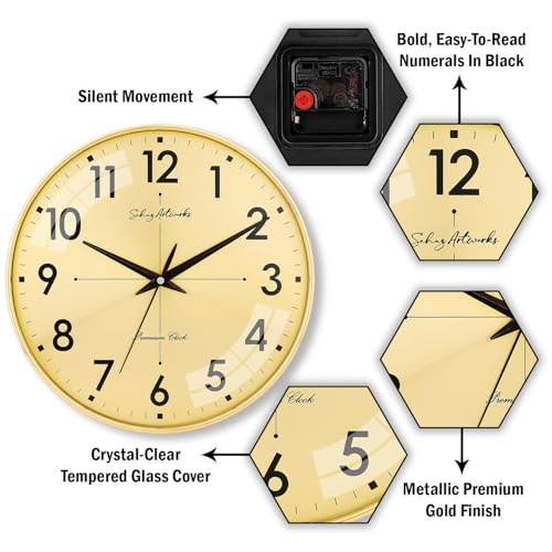 Image of Sehaz Artworks Wall Clock for Living Room Stylish | Traditional Wall Clock for Hall Big Size | Wall Watch for Living Room Stylish | Metal Dial - Golden 32x32 CM