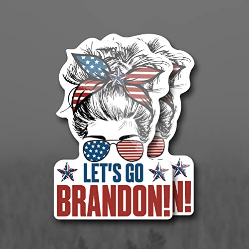 More Shiz Let's Go Brandon Cute Woman Girl with Messy Bun American Flag Sunglasses Stars (2 Pack) Vinyl Decal Sticker - Car Truck Van SUV Window Wall Cup Laptop - Two 5.5 Inch Decals - MKS1850
