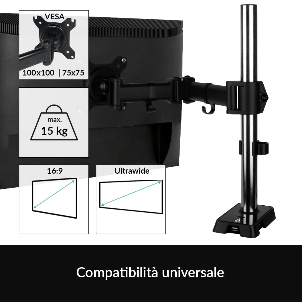 ARCTIC Z1 (Gen 3) – Braccio Monitor per Scrivania, Inclinabile e Ruotabile per Schermi e Televisori da 13″ a 43″/49'' Ultrawide, fino a 15 Kg, Hub 3.0 Usb a 4 Porte con Alimentatore – Nero