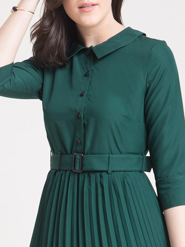 Image of FableStreet Women's Polyester Peter Pan Collar Pleated A Line Midi Dress |Women Formal Dress Smooth Fabric with Belted Waist & Front Slit for Office & Business Events