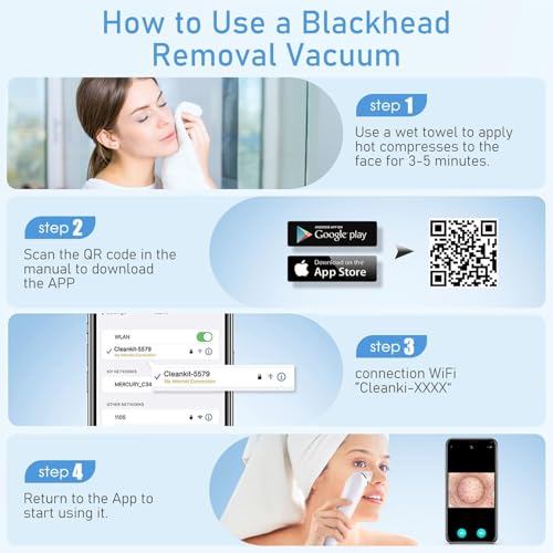 Image of Facial Pore Blackhead Remover Vacuum, 1080P Camera Blackhead Remover, 20x Zoom, 8 LEDs & 3 Suction Modes, 800mAh Battery & USB - 6 Heads Pore Cleaner Kit for Women&Men(White)