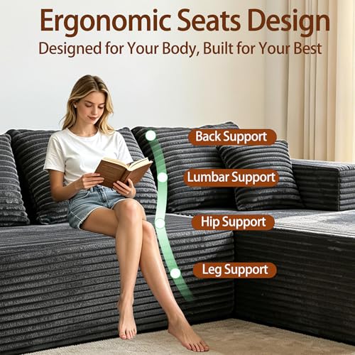 Image of 93 inch U-Shaped Boneless Couch, Corduroy Cloud Couch Sectional with Chaise and Ottoman, Deep Seat Modular Sectional Sofas for Living Room, No Assembly - Grey (Right Facing Chaise)