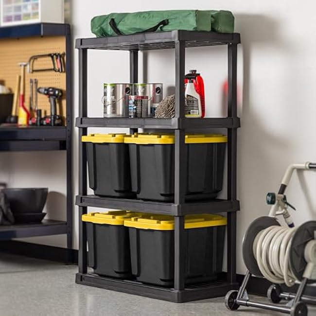 IRIS USA 12 Gallon Heavy Duty Truck Bed Toolbox Storage Tote Bins with Lids, 4 Pack - Made in USA, Tough Snap On Lockable Lid Stackable Industrial Rugged Tubs, Garage Organization Box - Black/Yellow