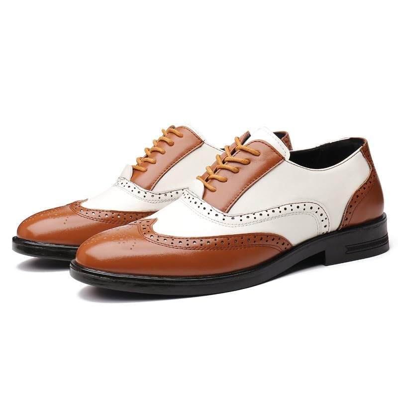 Formal Shoes for Men Lace Up Brogue Embossed Wing tip Two Tone Vegan Leather Oxford Shoes Block Heel Anti-Slip Low Top Slip Resistant Classic