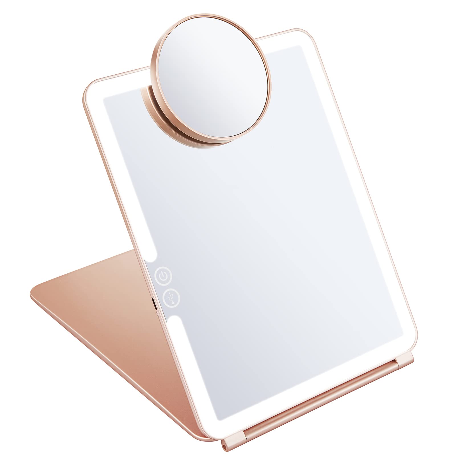 KEDSUMRechargeable Lighted Makeup Mirror with Cover, LED Travel Mirror with Lights, Compact Vanity Mirror with Touch Screen Dimming, with a Magnification Pocket Spot Mirror, Pink
