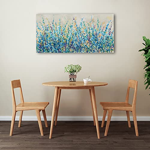 Image of Abstract Floral Canvas Wall Art,Teal Botanical Canvas Pictures Blue Leaf Blossom Spring Painting Wall Decor for Living Room Bedroom Kitchen Home Office Decoration Framed 24 inchX48 inch