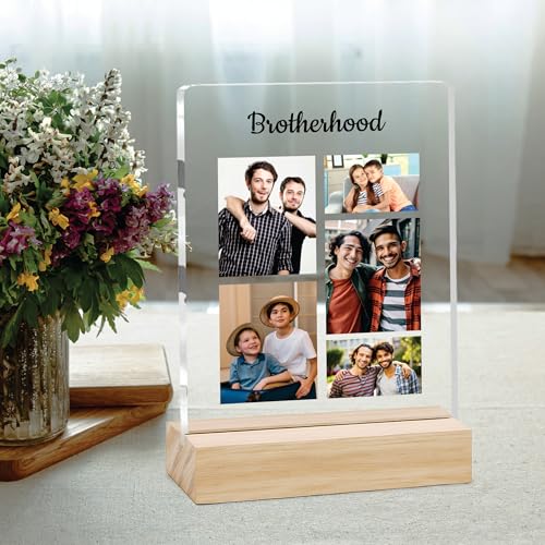 Image of Giftplease Customized Photo And Text Frame With Wooden Stand | Personalised Printed Photo Frame | Gift For Brother | Birthday | (Transparent, 5MM, 6 * 8 Inches), Tabletop BG 10