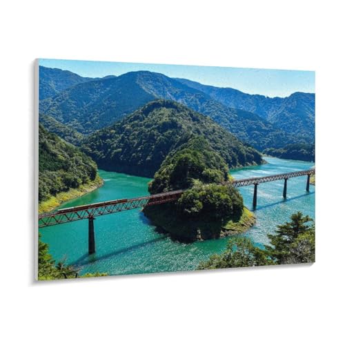 静岡県 秘境を走る 奥大井湖上駅 数字キットによる絵画 数字油絵 美しい自然の風景 日本の風景写真 数字キット塗り絵 手塗り DIY絵 デジタル油絵 ホーム オフィス装飾 (40×50cm, フレーム付き)