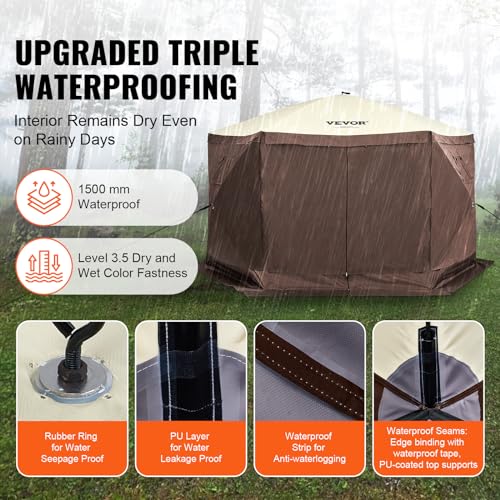 VEVOR Pop Up Gazebo Tent, Pop-Up Screen Tent 6 Sided Canopy Sun Shelter with 6 Removable Privacy Wind Cloths & Mesh Windows, 11.5x11.5FT Quick Set Screen Tent with Mosquito Netting, Brown - Image 3
