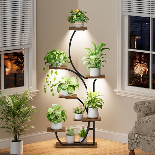 Image of Plant Stand Indoor with Grow Lights - Lighted Indoor Plant Shelf, 57 inch 7 Tier Corner Plant Stands for Indoor Growing, Tall Flower Display Shelf, Metal S-Shaped Holder for Living Room, Bedroom, Black