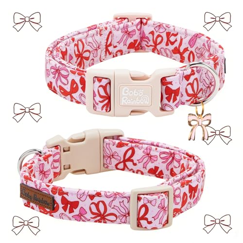 Image of Dog Collars, Cute Pink Bow Print Pet Collar Holiday Durable Adjustable Pendant Gift Collar with Quick Release Plastic Buckle for Large Dogs