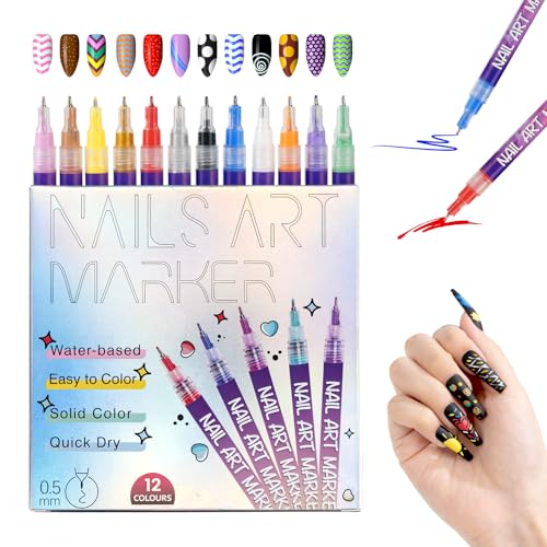 Nail Art Pens 12 Colors 0.5mm Fine Tip Water-Based Quick-Dry Pens for DIY Nail Design Doodles & Outlines Nail Art Kit for Kids Teens & Beginners